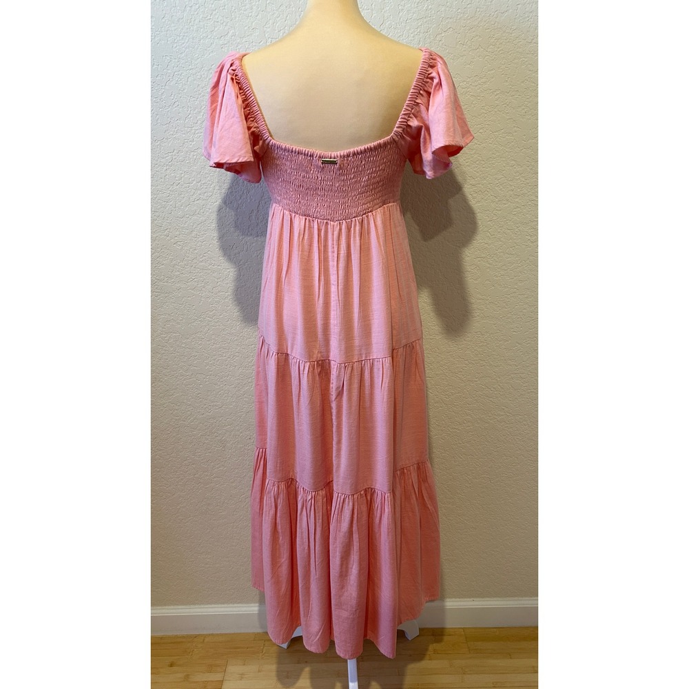Billabong Maxi Dress Size M Pink Tiered Flutter Sleeve Smocked Boho Baby Shower - Picture 3 of 8